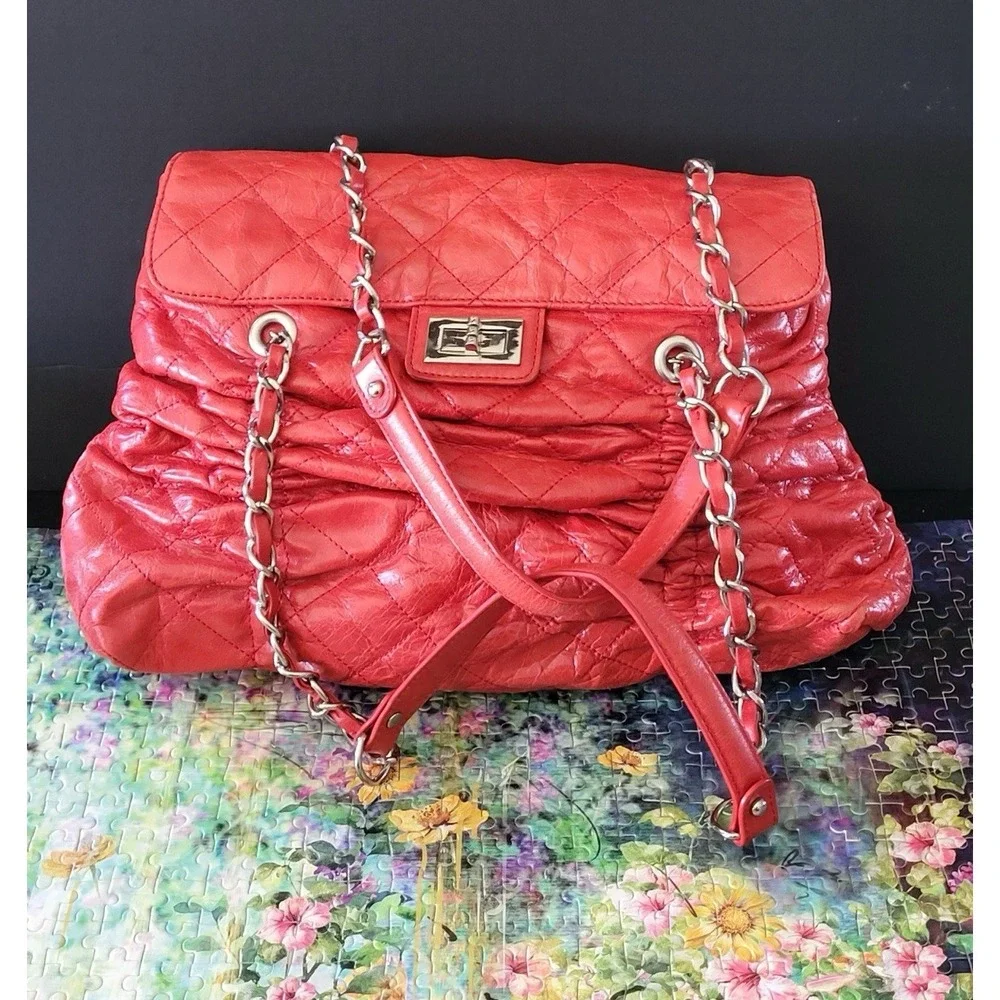 Red Quilted Stitched Fold Over Shoulder Bag Silver Hardware Double Handled Purse